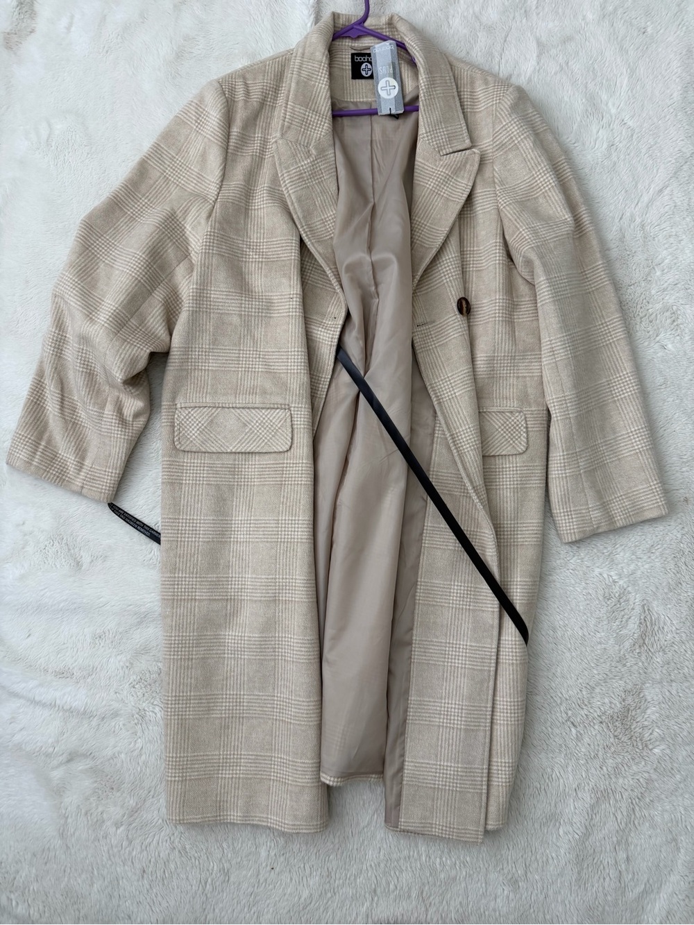 Boohoo Beige Plaid Pea Coat Plus Size